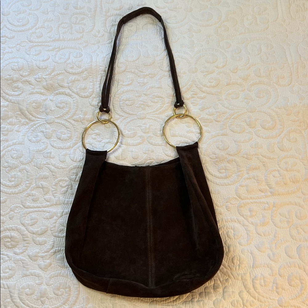 Claudia Firenze Suede Crossbody Slouchy Hobo Tote Bag Chocolate Brown Gold Ring - Picture 2 of 16